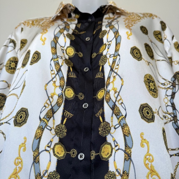 ZARA | Monogram Baroque Chain Pattern Button Front Collared Long Sleeve Blouse - Picture 9 of 16